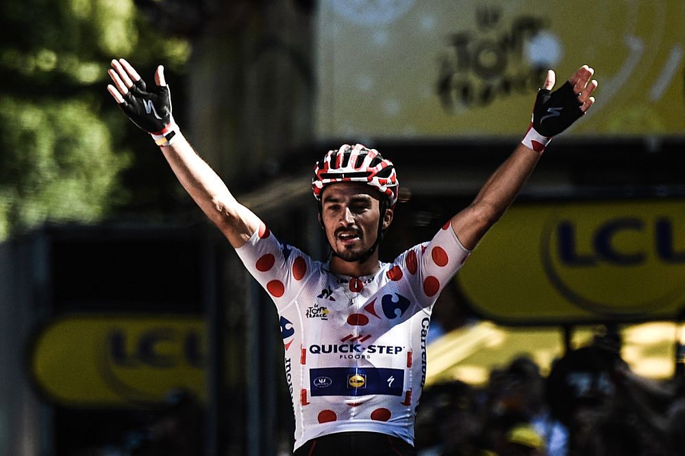 Julian Alaphilippe (Quick-Step Floors) wins stage 16 at the Tour de France in Adam Yates (Mitchelton-Scott) attacks from the breakaway and leads the Tour de France stage 16 before crashing on the descent into Bagn&egrave;res-de-Luchon