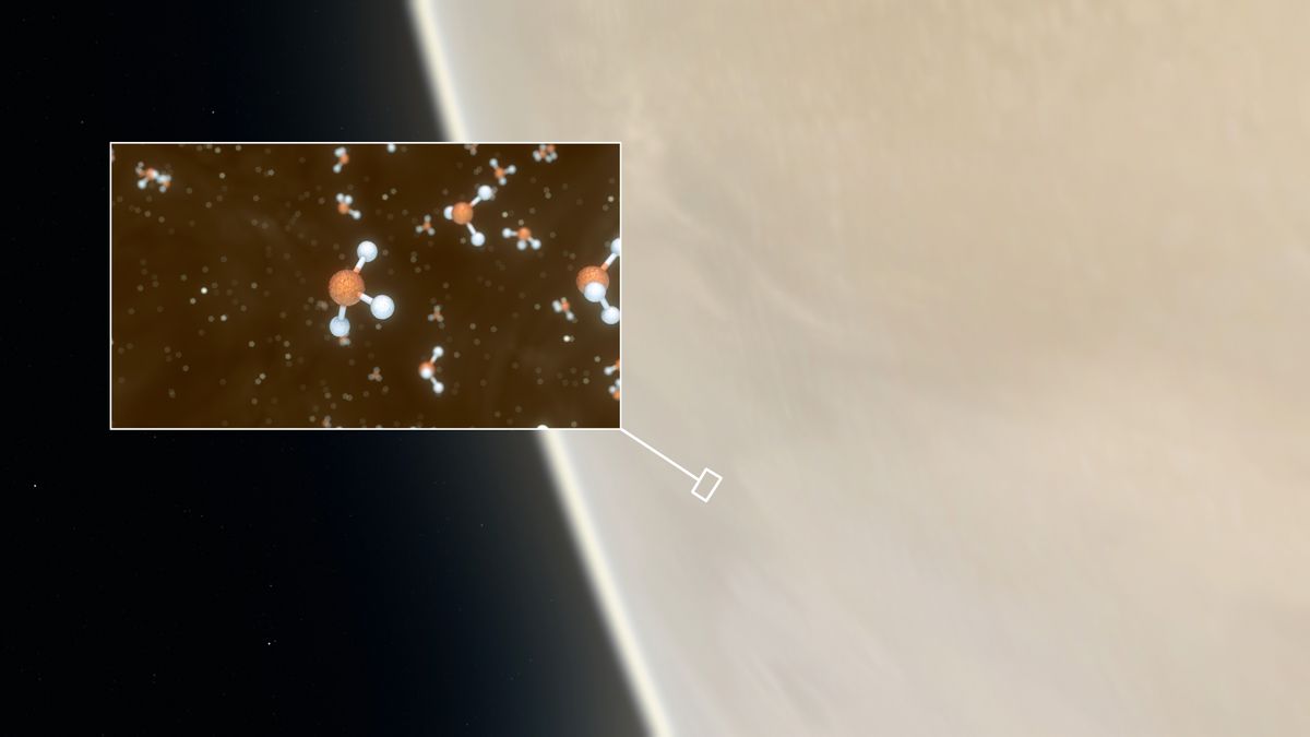 An artist&#039;s depiction of Venus and, in the inset, phosphine molecules.