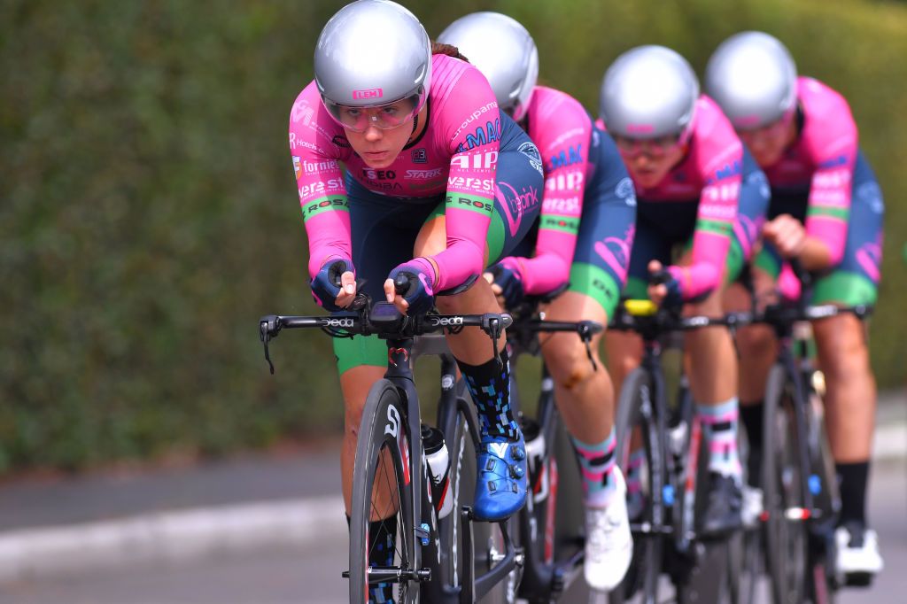 GROSSETO ITALY SEPTEMBER 11 Vania Canvelli of Italy Silvia Valsecchi of Italy Simona Frapporti of Italy Marketa Hajkova of Czech Republic Silvia Zanardi of Italy and Giorgia Catarzi of Italy and Team Bepink during the 31st Giro dItalia Internazionale Femminile 2020 Stage 1 a 168km Team Time Trial from Grosseto to Grosseto TTT GiroRosaIccrea GiroRosa on September 11 2020 in Grosseto Italy Photo by Luc ClaessenGetty Images