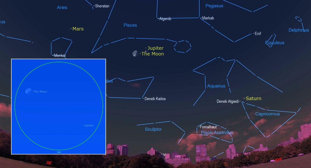 Night sky map shows illustrations of the moon and Jupiter close to each other. 