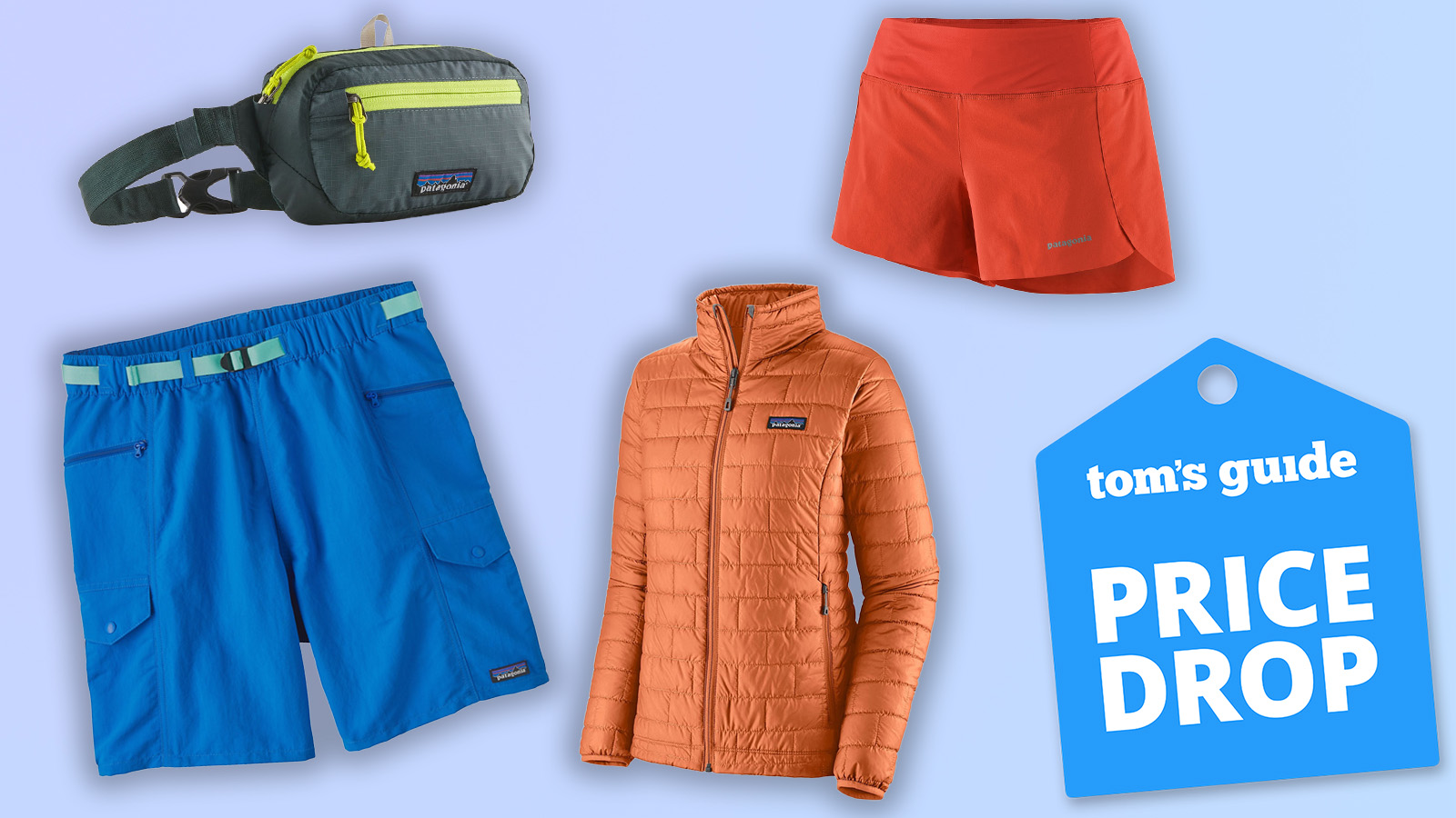 a blue background image with a tom's guide price drop badge in the bottom right corner, with a patagonia nano puff jacket, patagonia outdoor everyday shorts, patagonia black hole mini hip pack, patagonia strider shorts