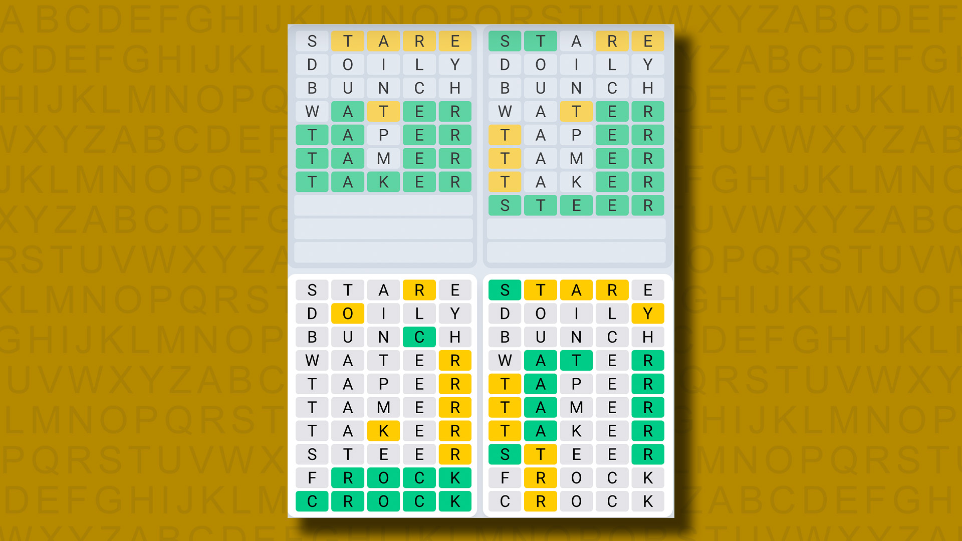 Quordle Daily Sequence answers for game 978 on a yellow background