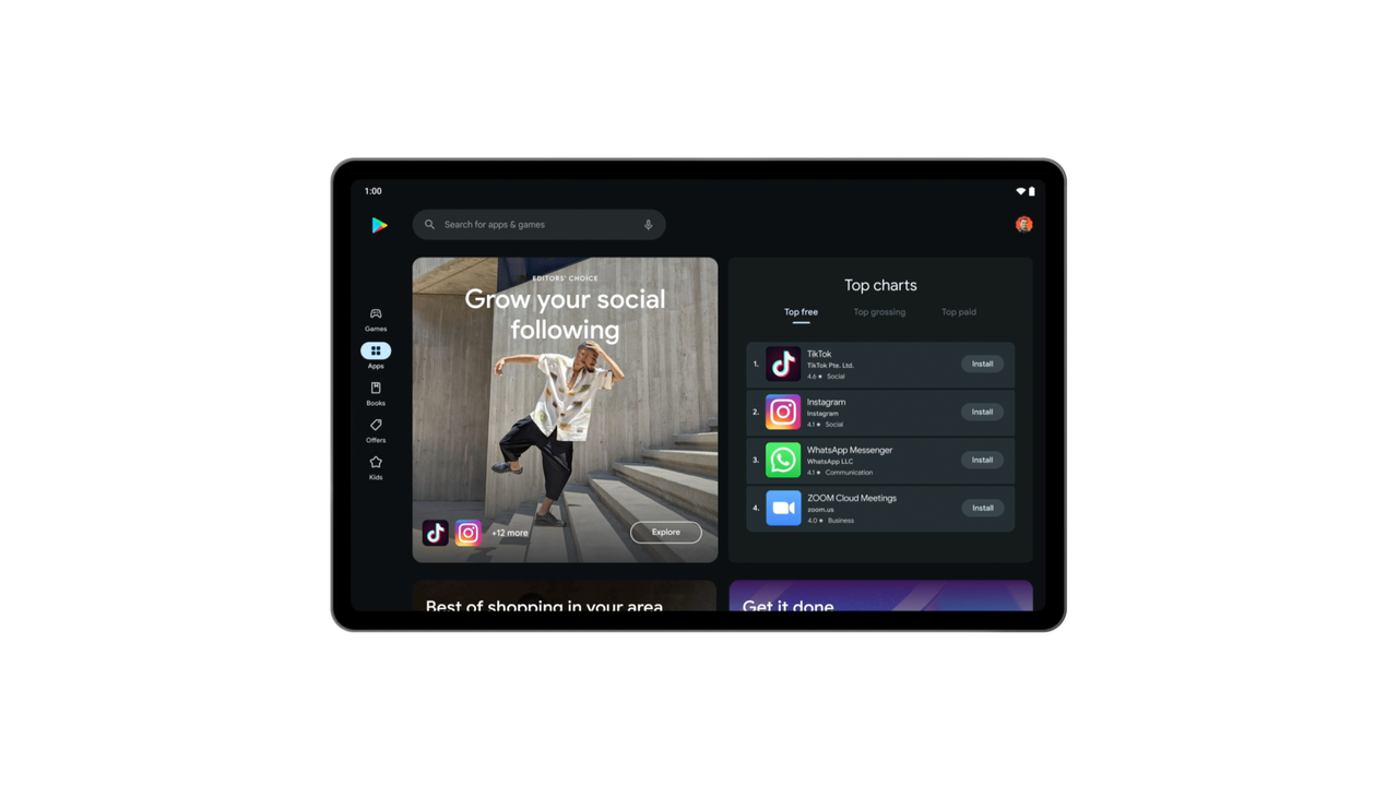 Redesigned Google Play Store on tablets with Android 13