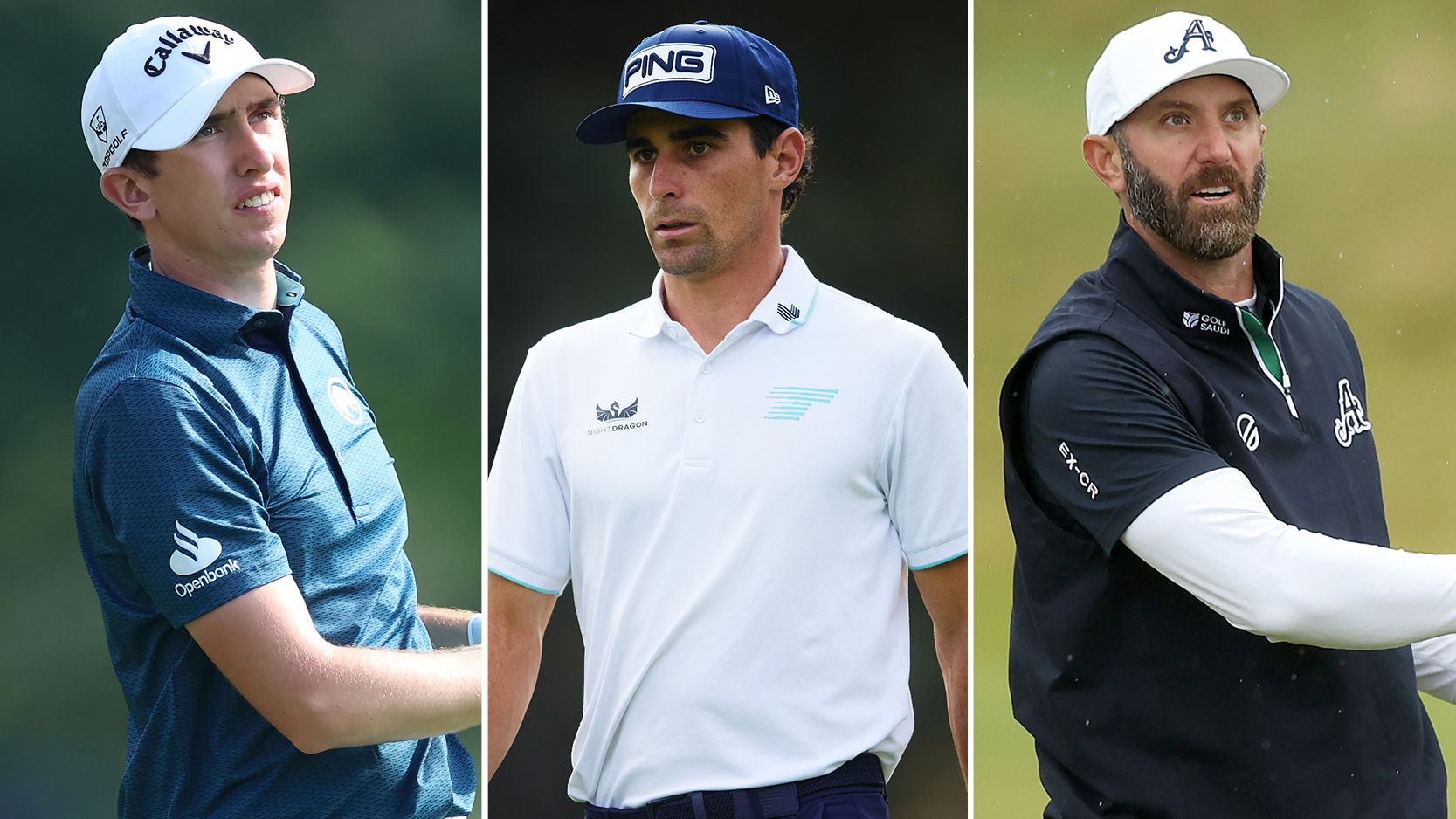Tom McKibbin, Joaquin Niemann and Dustin Johnson watch tee shots