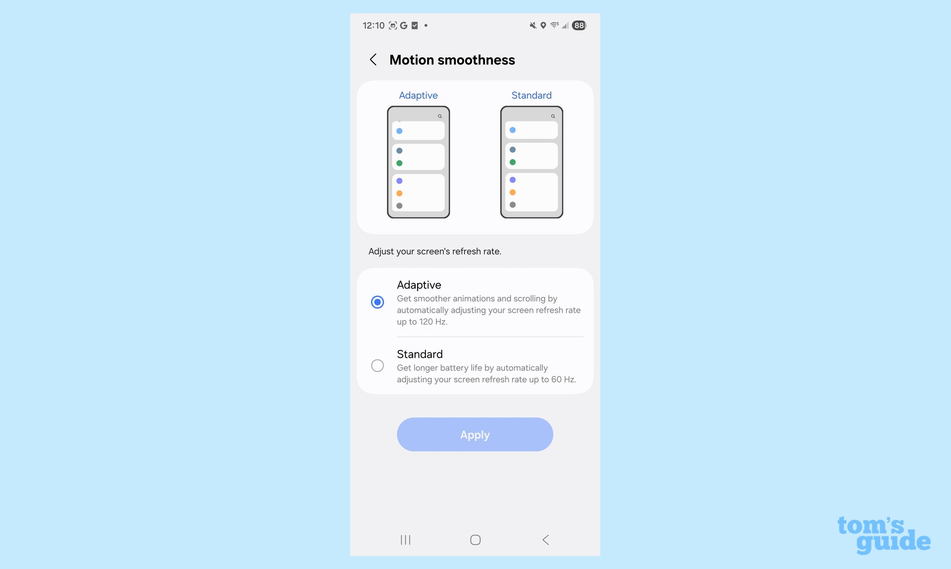 refresh rate setting on a galaxy s25 plus