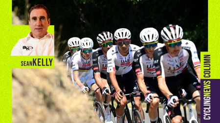 UAE Team Emirates - XRG lead the peloton on Stage 6 of the Tour de France. With an image of Sean Kelly overlaid. (Photo by Dario Belingheri/Getty Images)
