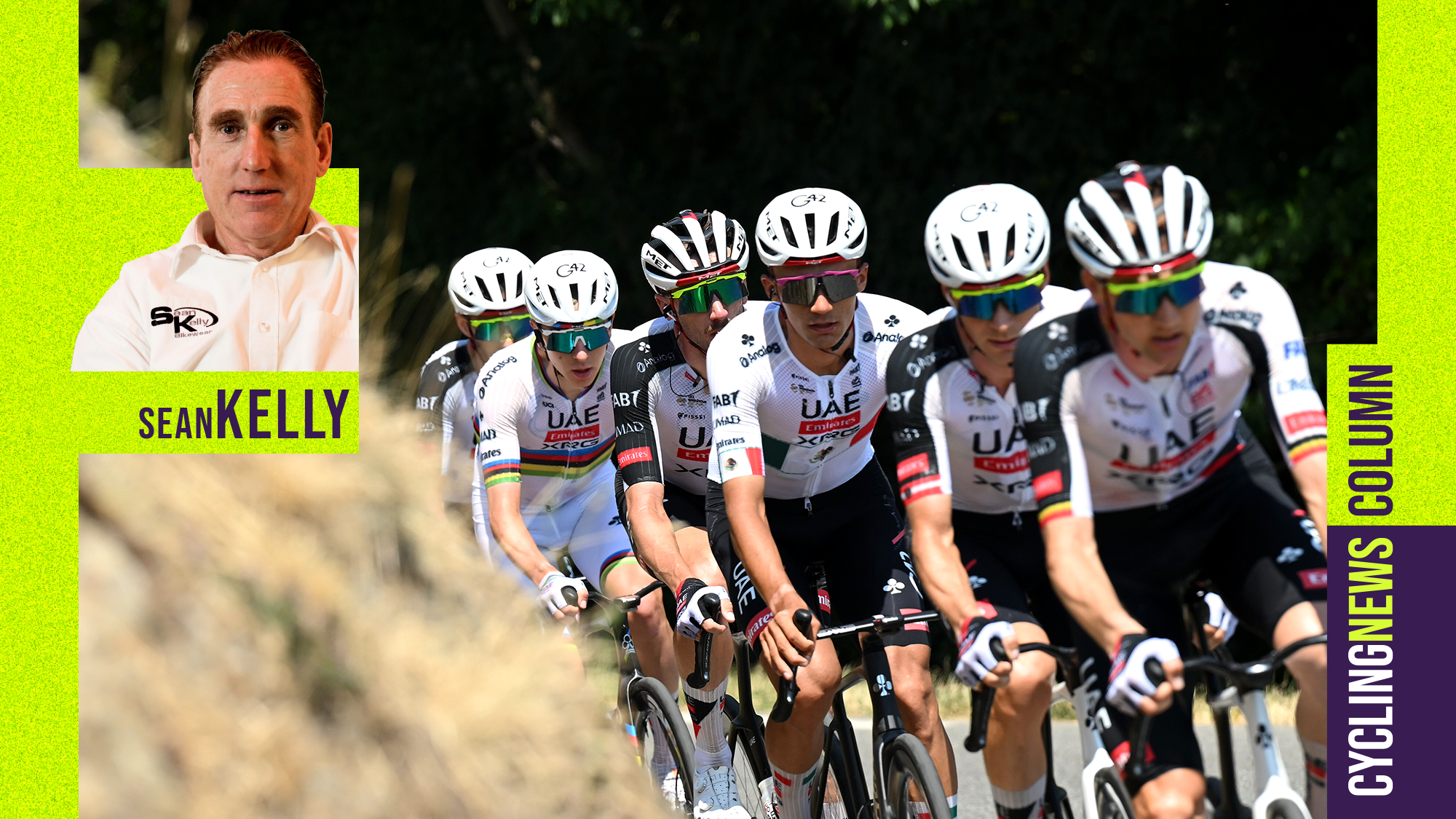 UAE Team Emirates - XRG lead the peloton on Stage 6 of the Tour de France. With an image of Sean Kelly overlaid. (Photo by Dario Belingheri/Getty Images)