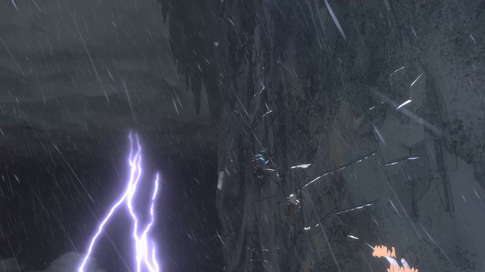 The climber tackles a cliff in a torrential storm in Cairn as lightning strikes in the background