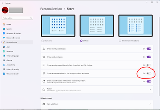 Windows 11 settings - Start menu ads