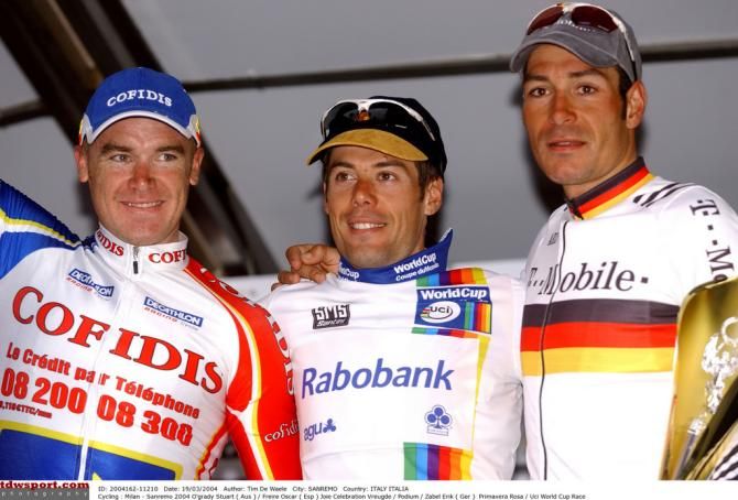 The 2004 podium of Stuart O'Grady, Oscar Freire and Erik Zabel