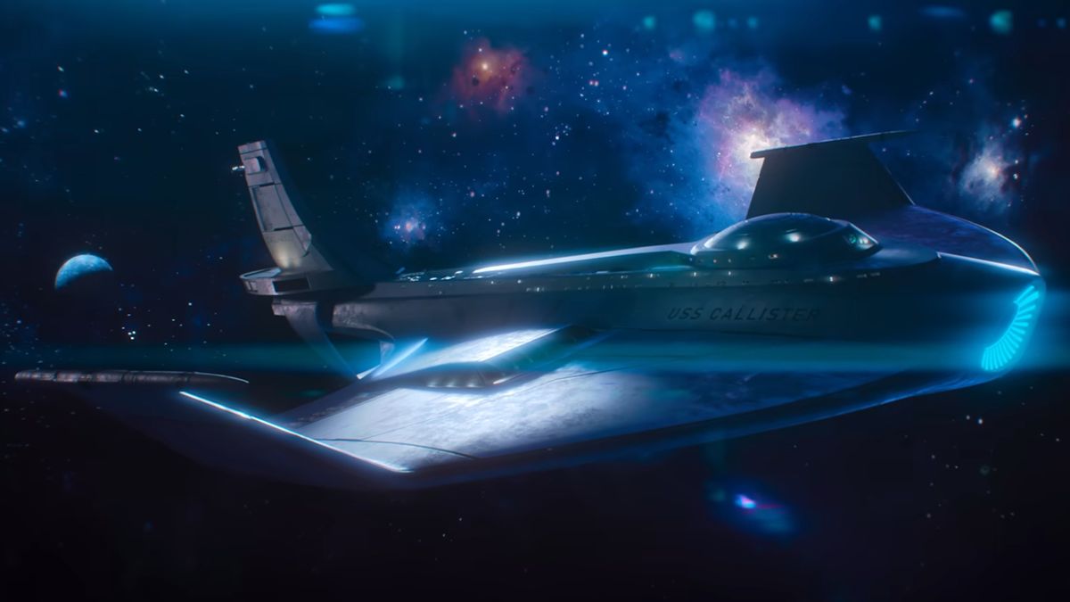 a sleek sci-fi spaceship zooms through a cosmic backdrop