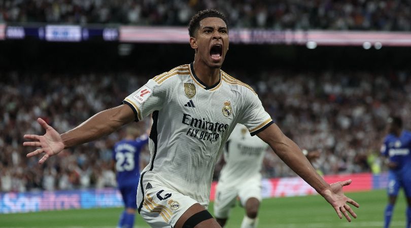 Jude Bellingham celebrates after scoring a late winner for Real Madrid against Getafe at the Santiago Bernabeu in LaLiga in September 2023.