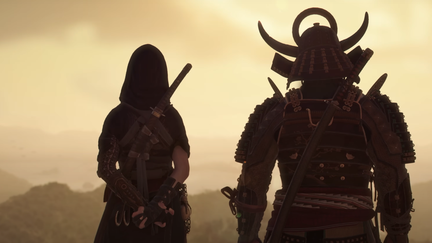 The dual protagonists of Assassins Creed Shadows stand silhouetted against a setting sun.