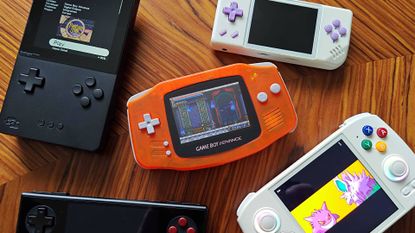 Orange Game Boy Advance with backlit LCD screen running Castlevania with Analogue Pocket and Ayaneo Pocket Micro on left and Anbernic RG28XX and Anbernic RG Cube right.