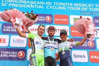 Nicola Ruffoni, Mark Cavendish and Caleb Ewen on the podium after Stage 1 of the 2015 Tour of Turkey