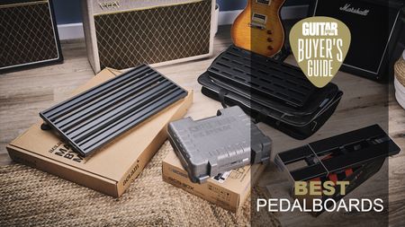 Four pedalboards sat on top of their boxes on a wicker rug