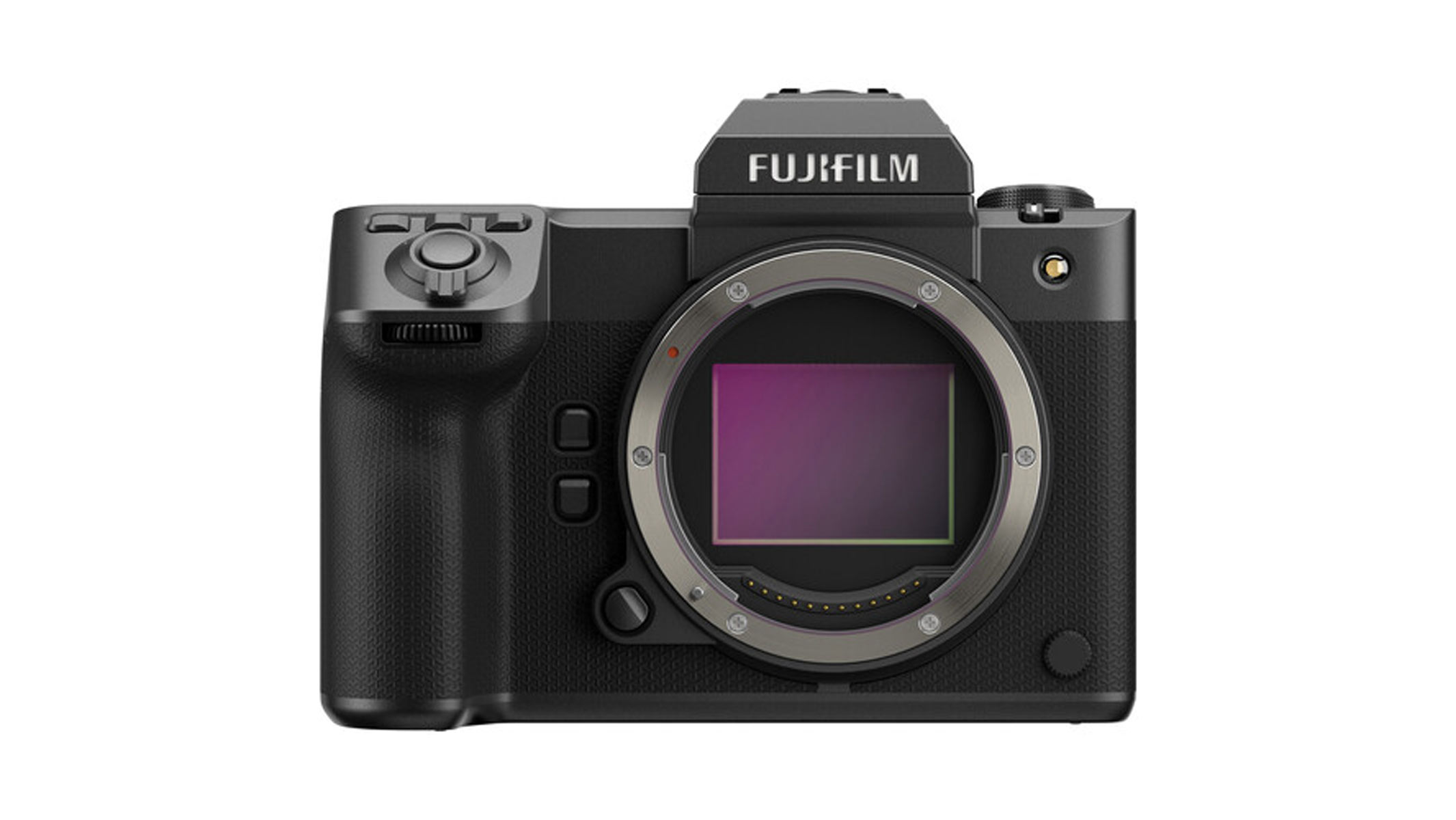 A front view of the Fujifilm GFX100 II showing its sensor