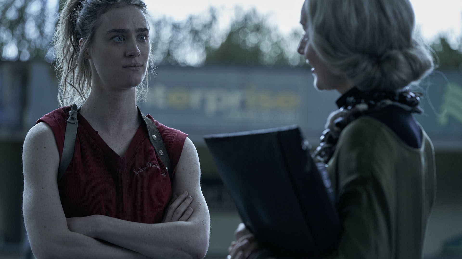 Mackenzie Davis as Kirsten and Caitlin McGrill-Fitzgerald as Elizabeth in Station Eleven.