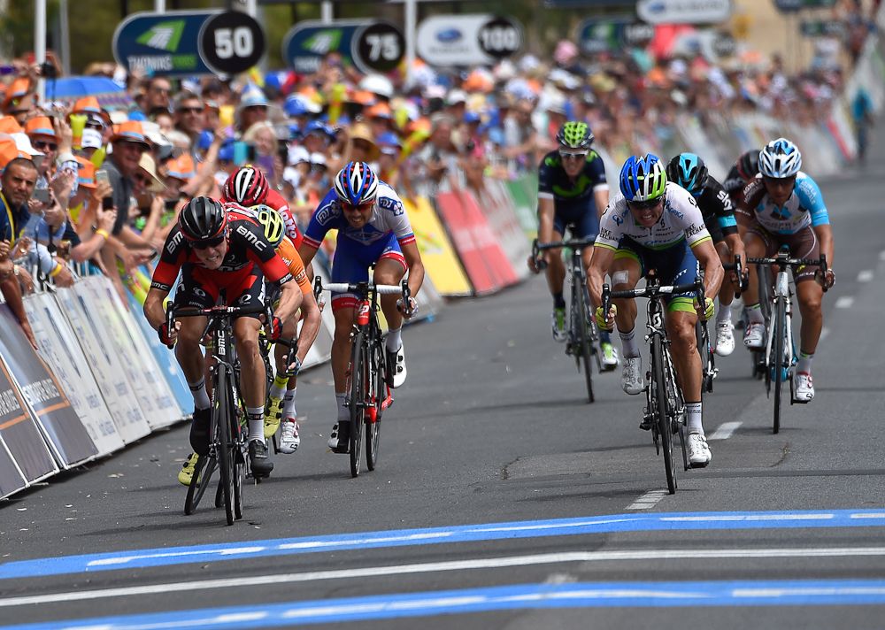 Simon Gerrans beats Rohan Dennis by a bike throw to take stage 3.