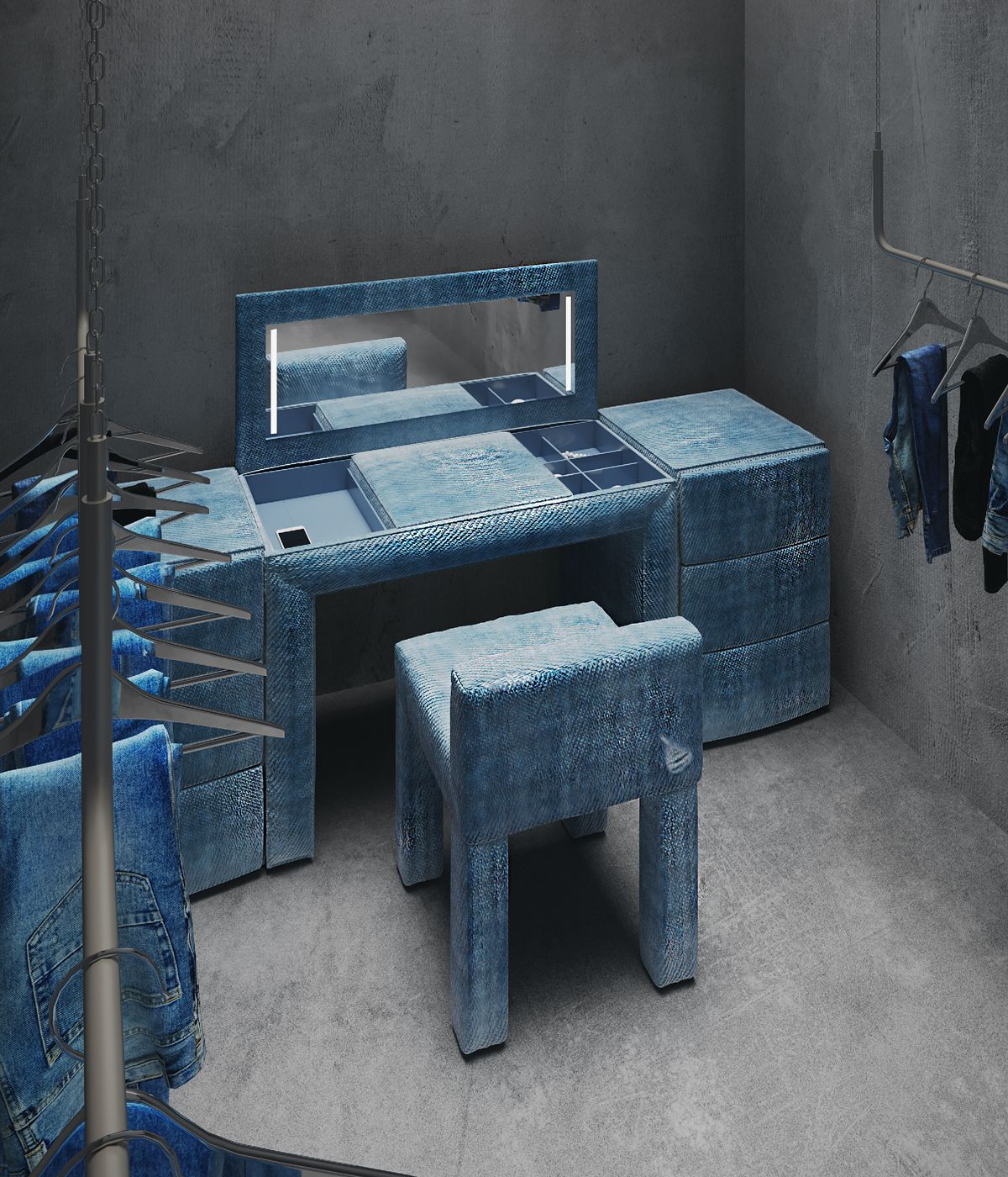 denim furniture – upholstered chair and dressing table