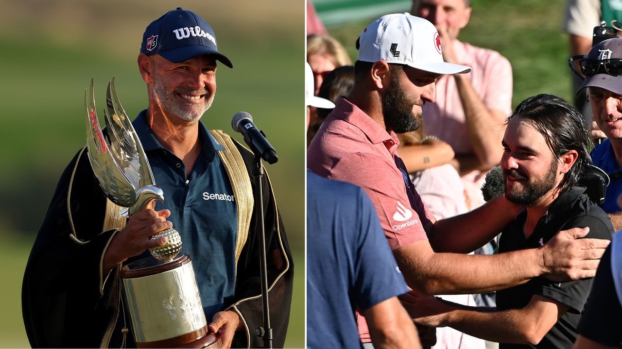 Paul Waring holds the Abu Dhabi HSBC Championship trophy, whilst Jon Rahm and Angel Hidalgo hug on the 18th green