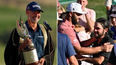 Paul Waring holds the Abu Dhabi HSBC Championship trophy, whilst Jon Rahm and Angel Hidalgo hug on the 18th green