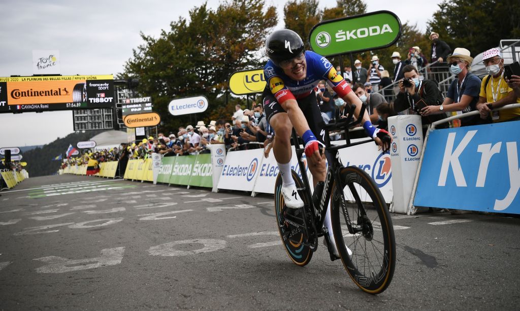 Team Deceuninck rider French Remi Cavagna crosses the finish line at the end of the 20th stage of the 107th edition of the Tour de France cycling race a time trial of 36 km between Lure and La Planche des Belles Filles on September 19 2020 Photo by Marco Bertorello POOL AFP Photo by MARCO BERTORELLOPOOLAFP via Getty Images