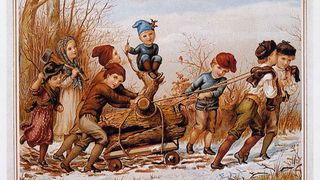 A Christmas card of children bringing a yule log home. 