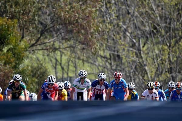 The peloton was still in tact on the second lap as it made its way up the second climb.
