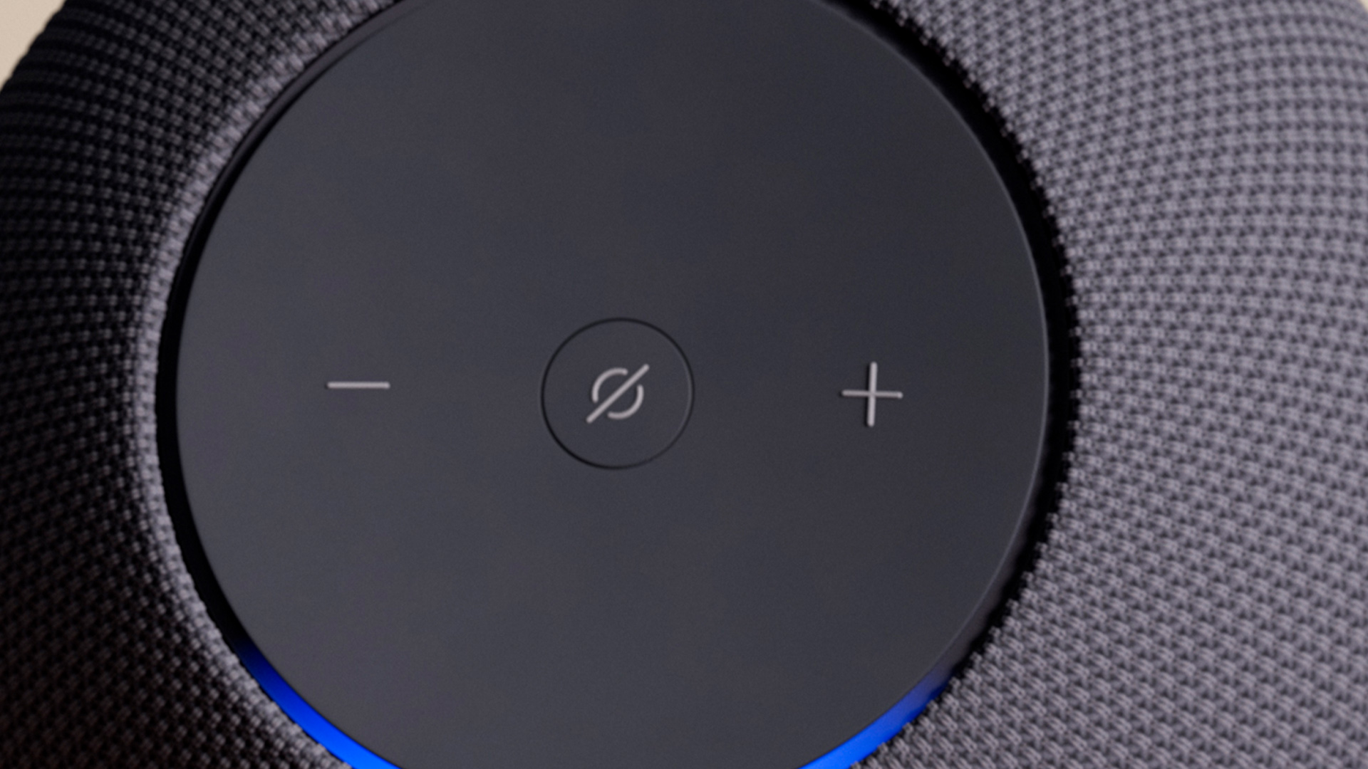 Amazon Echo Dot Max wireless speaker close up on volume and on/off controls