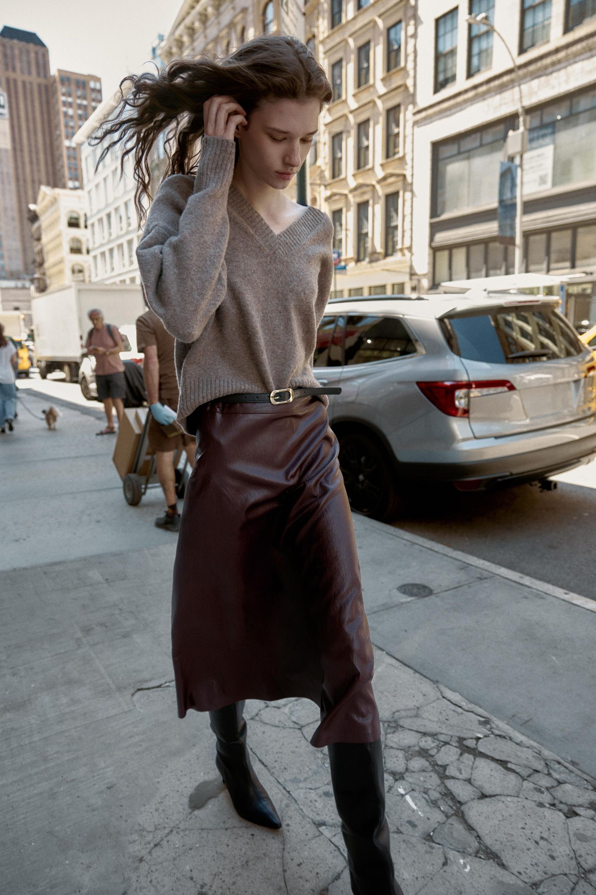 Faux Leather Belted Midi Skirt