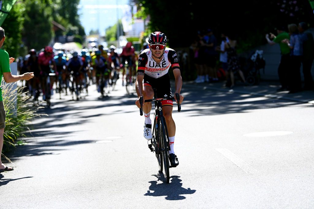 KUSNACHT SWITZERLAND JUNE 12 Alessandro Covi of Italy and UAE Team Emirates competes during the 85th Tour de Suisse 2022 Stage 1 a 1776km stage from Kusnacht to Kusnacht 679m ourdesuisse2022 WorldTour on June 12 2022 in Kusnacht Switzerland Photo by Tim de WaeleGetty Images