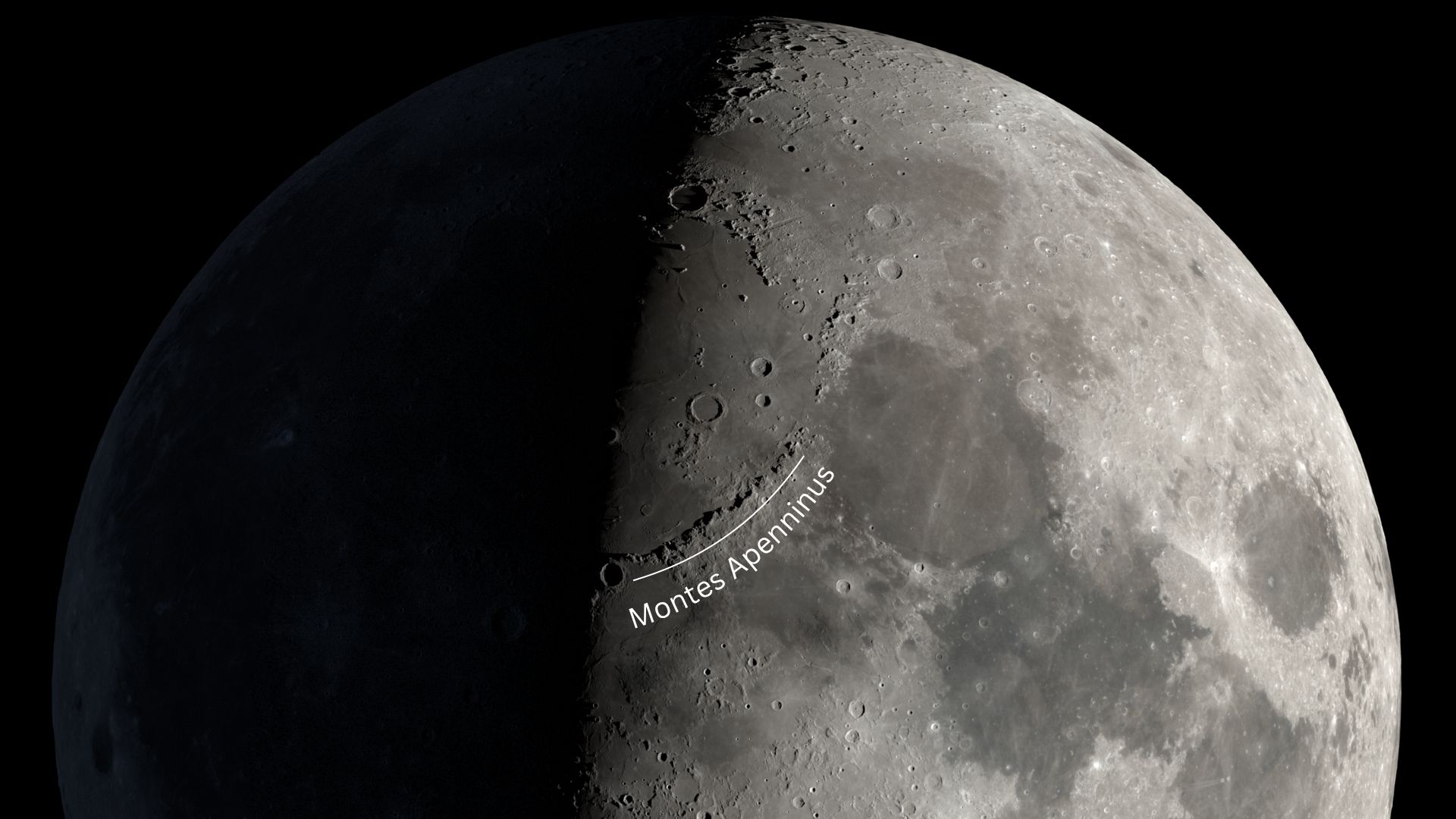 A graphic of a half lit moon is shown in a black sky with a line showing the location of the Montes Apenninus mountain range.