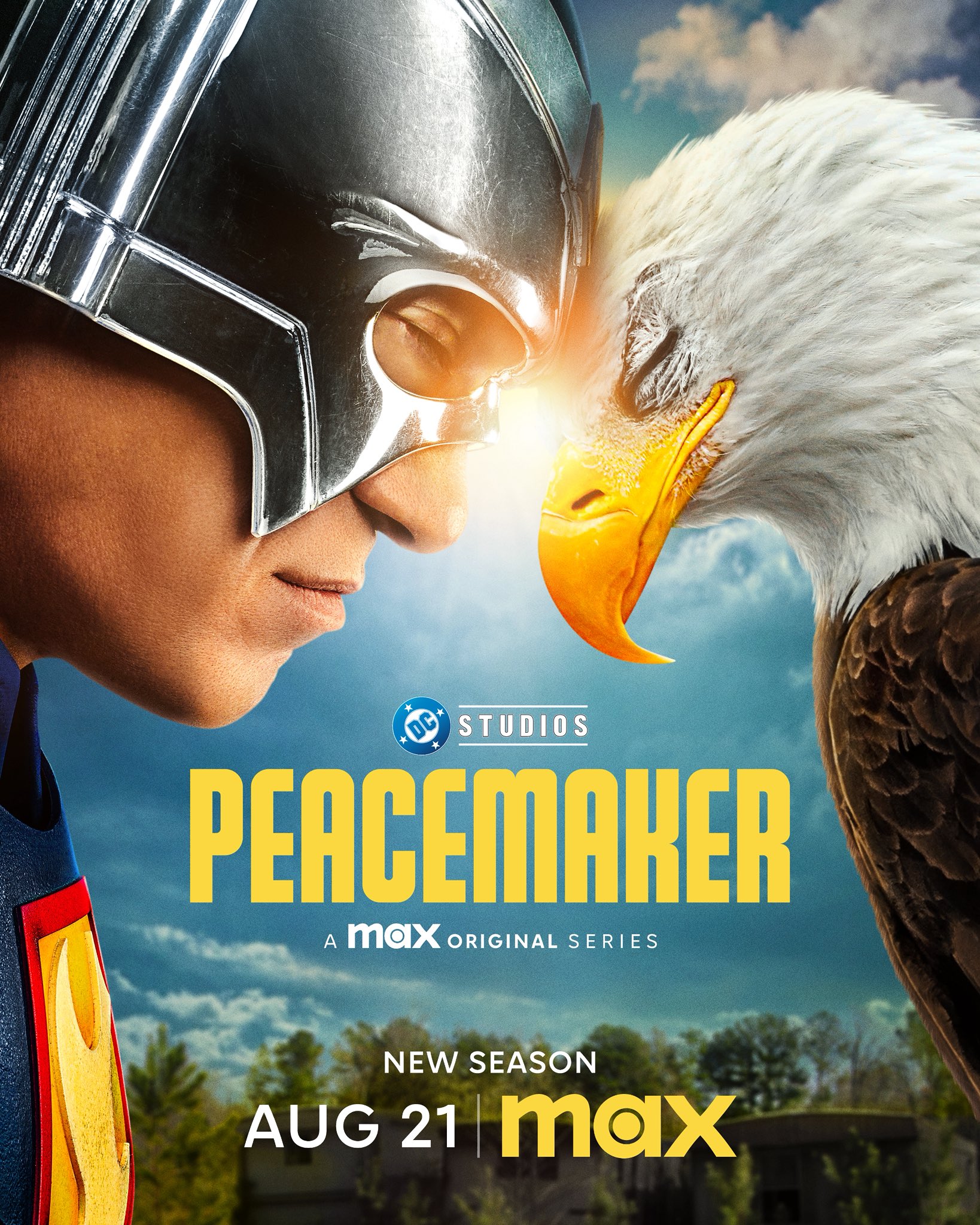a superhero in a silver helmet and a bald eagle on a TV series poster