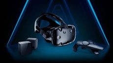 A selection of HTC VIVE VR hardware laid out in front of the brand's logo