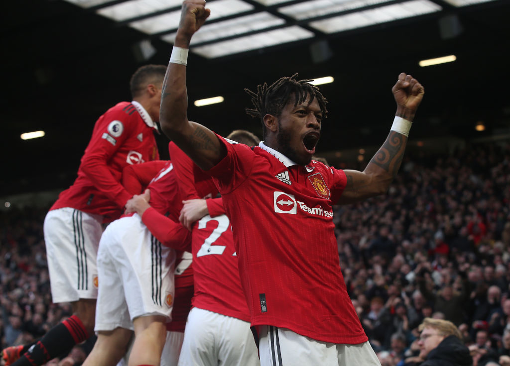 Fred celebrates a Manchester United goal 2023