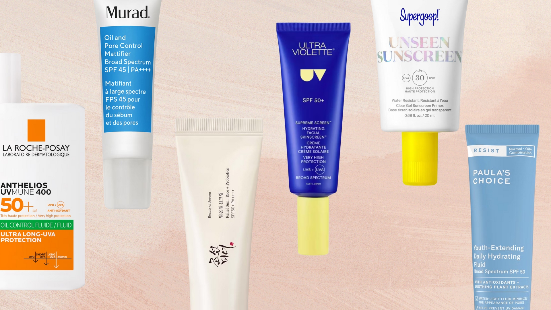 Collage of the best sunscreens for oily skin including, La Roche-Posay Anthelios UVMune 400, Murad Oil and Pore Control Mattifier SPF45+, Beauty of Joseon Relief Sun: Rice + Probiotics, Ultra Violette Supreme Screen SPF 50+ Hydrating Skinscreen, Supergoop! Unscreen Sunscreen and Paula&#039;s Choice Youth-Extending Daily Fluid SPF 50, on a pink and neutral background
