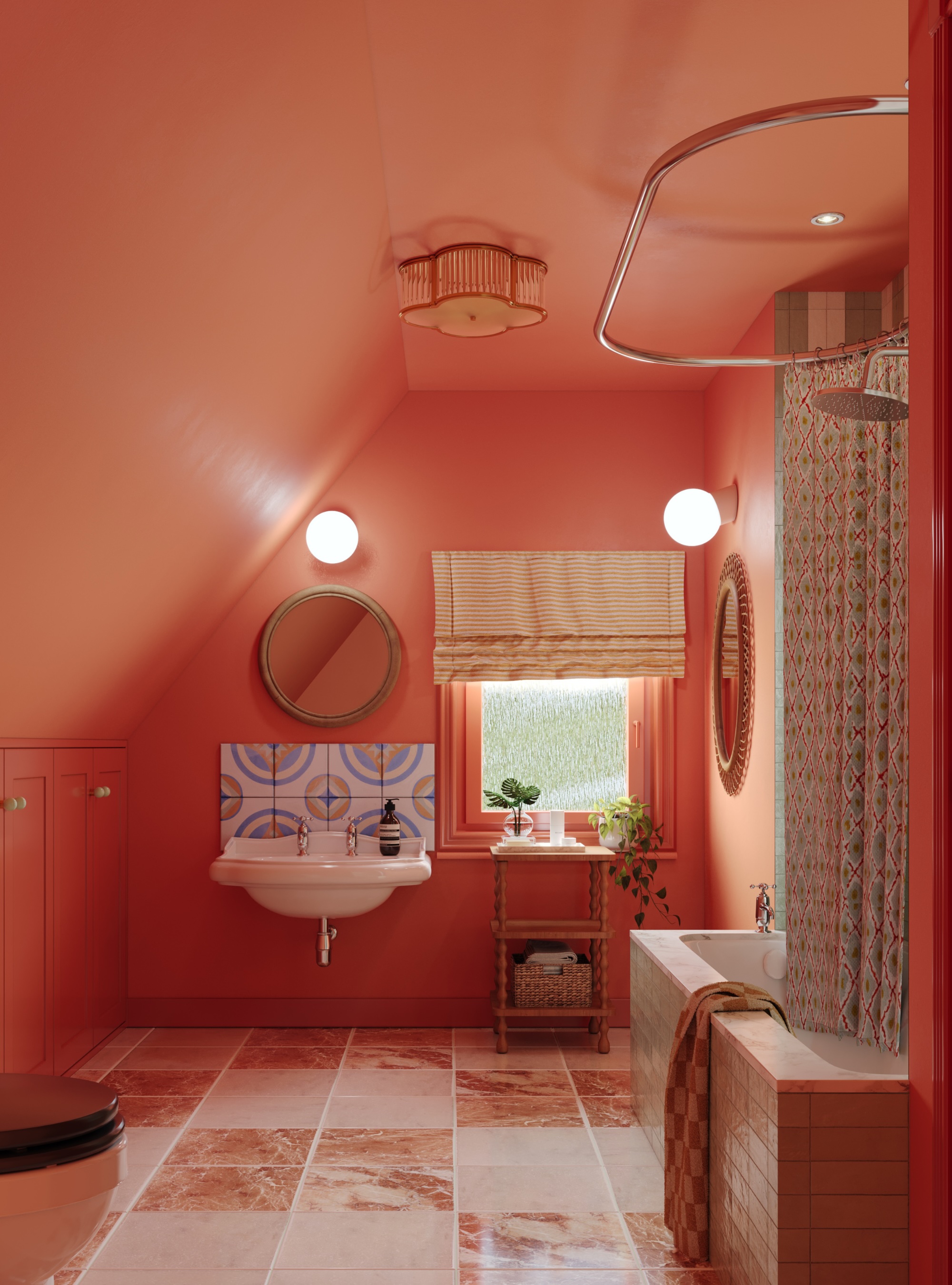 Color drenched orange bathroom with oval shower over bath