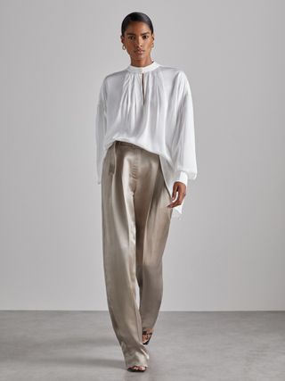 Atelier Belted Satin Trousers in Champagne