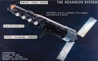 This National Reconnaissance Office released graphic depicts the huge HEXAGON spy satellite, a Cold War era surveillance craft that flew reconnaissance missions from 1971 to 1986. The bus-size satellites weighed 30,000 pounds and were 60 feet long.