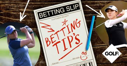Betting slip graphic and two golfers