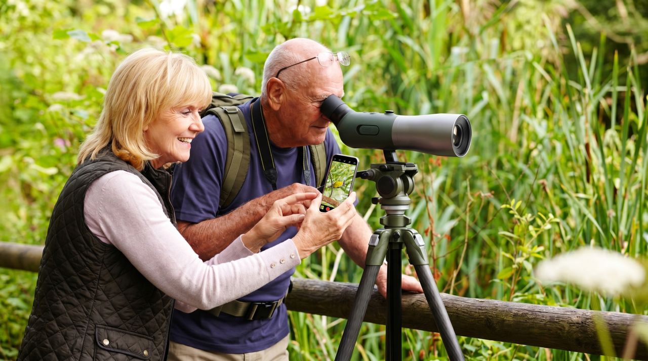 Elderly couple looking into an AI-powered spotting scope and smartphone, identifying a distant bird