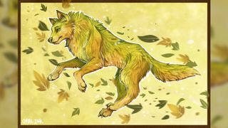 A painting of an autumnal themed fantasy wolf
