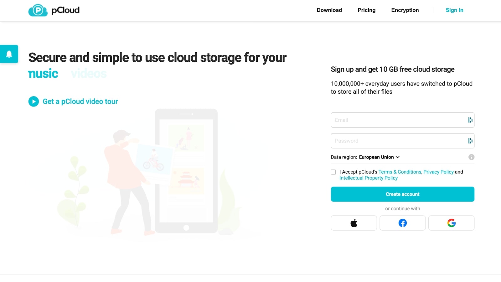 Best photo cloud storage - pCloud's sign up page