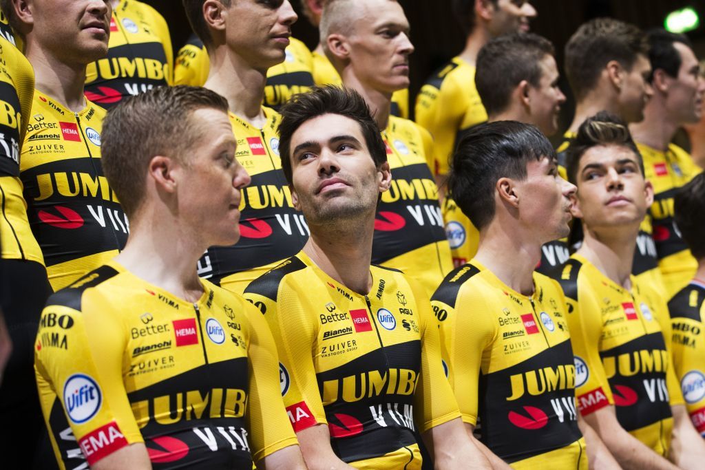 Netherlands Tom Dumoulin C and Steven Kruiswijk L and Slovenias Primoz Roglic R attend the presentation of Team JumboVisma cycling team at the HEMA headquarters in Amsterdam on December 20 2019 Photo by Vincent JANNINK ANP AFP Netherlands OUT Photo by VINCENT JANNINKANPAFP via Getty Images