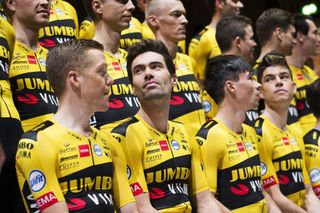 Netherlands Tom Dumoulin C and Steven Kruiswijk L and Slovenias Primoz Roglic R attend the presentation of Team JumboVisma cycling team at the HEMA headquarters in Amsterdam on December 20 2019 Photo by Vincent JANNINK ANP AFP Netherlands OUT Photo by VINCENT JANNINKANPAFP via Getty Images