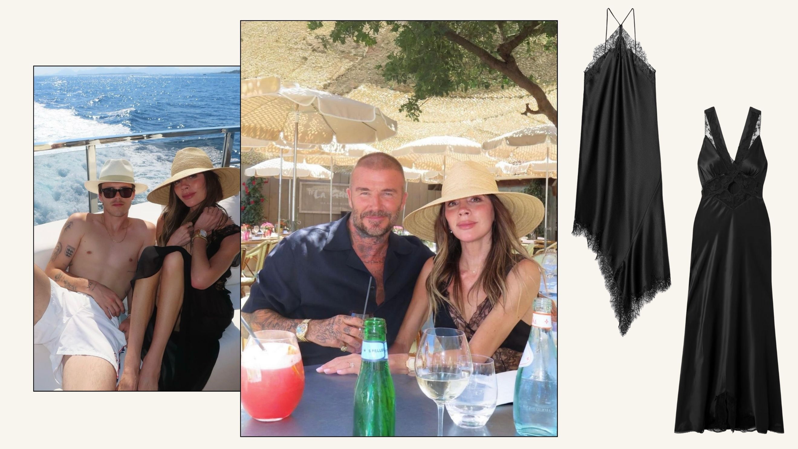 Victoria Beckham wears a lace-trim black dress on a boat and to the beach.