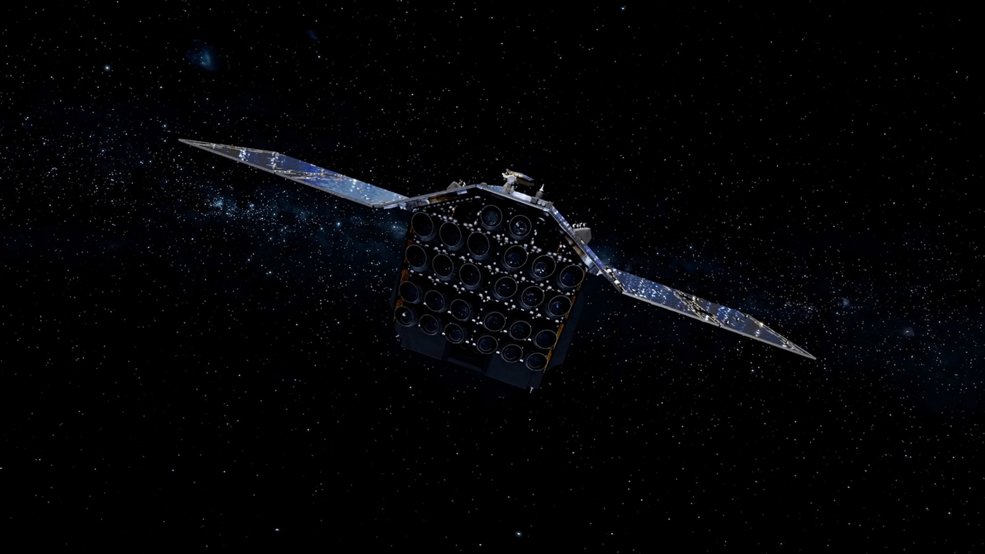An illustration of a spacecraft with a square body and solar panel wings on either side. It looks to be in mostly darkness, in space.