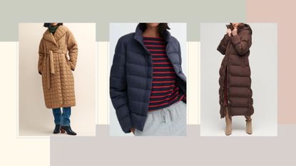 three women in some of the best puffer jackets: a camel square quilted wrap coat with self tie belt, a shorter navy down filled puffer jacket, a maxi coffee brown puffer with hood