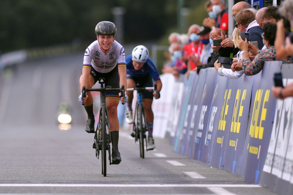 PLOUAY FRANCE AUGUST 27 Arrival Annemiek Van Vleuten of The Netherlands Celebration Elisa Longo Borghini of Italy during the 26th UEC Road European Championships 2020 Womens Elite Road Race a 1092km race from Plouay to Plouay GrandPrixPlouay GPPlouay on August 27 2020 in Plouay France Photo by Luc ClaessenGetty Images
